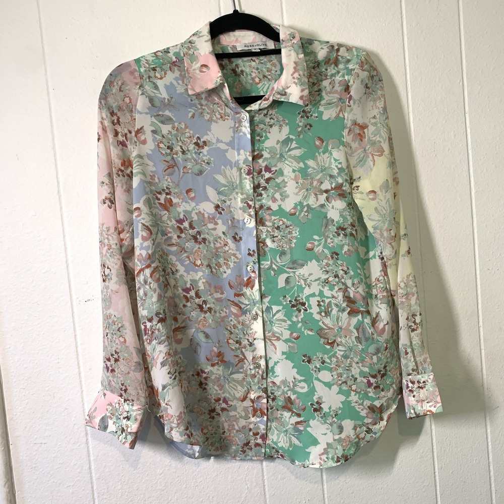 Rose & Olive Womens Small Button Up Shirt Patchwork Slowly Pastel Long Sleeve